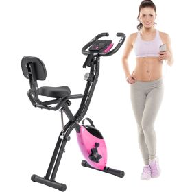 Folding Exercise Bike, Fitness Upright and Recumbent X-Bike with 16-Level Adjustable Resistance, Arm Bands and Backrest (Color: Pink, Material: Metal)